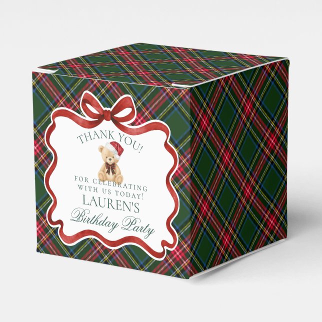 Tartan Plaid Christmas Bear Birthday Favor Box (Front Side)