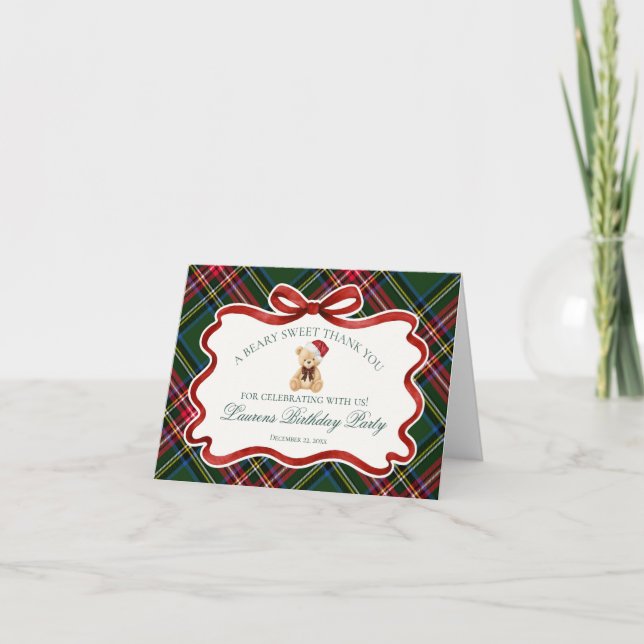 Tartan Plaid Christmas Bear Birthday Thank You  Card (Front)