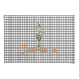 Tartan plaid christmas elf reideer grey white name pillowcase