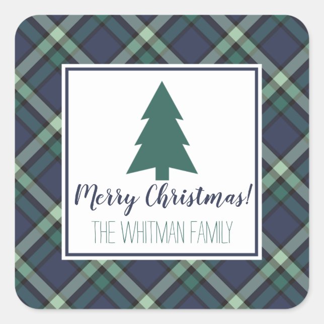 Tartan Plaid Christmas, Navy and Green Holiday Square Sticker (Front)
