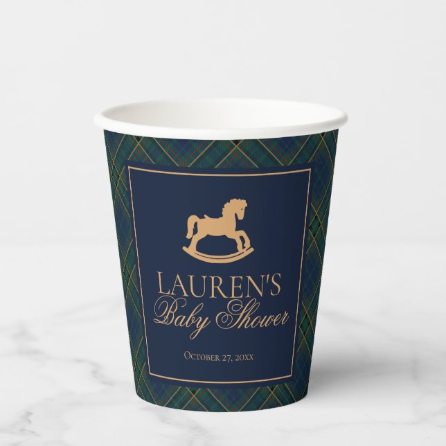 Tartan Plaid Classic Rocking Horse Baby Shower Paper Cups (Front)