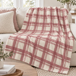 Tartan Plaid Cream Dusty Red Fleece Blanket