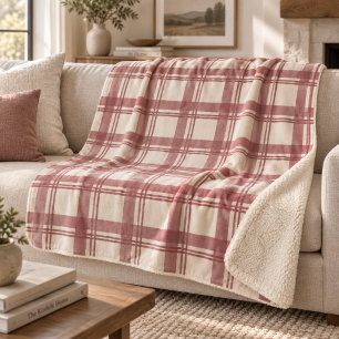 Tartan Plaid Cream Dusty Red Sherpa Blanket