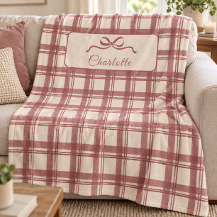 Tartan Plaid Cream Red Bow Christmas Fleece Blanket