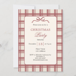 Tartan Plaid Cream Red Bow Christmas Party Invitation