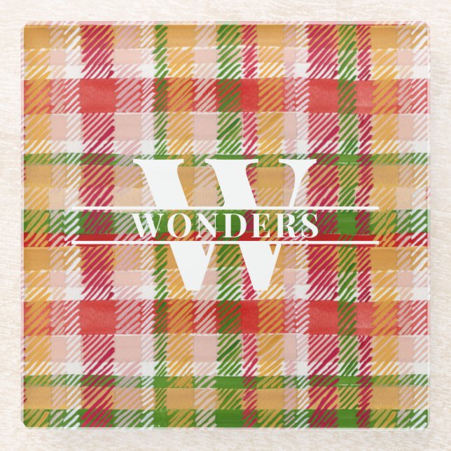 Tartan Plaid Custom Monogrammed Wedding Event Glass Coaster (Front)