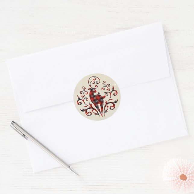 Tartan Plaid Deer On Snowflake Design Classic Round Sticker (Envelope)