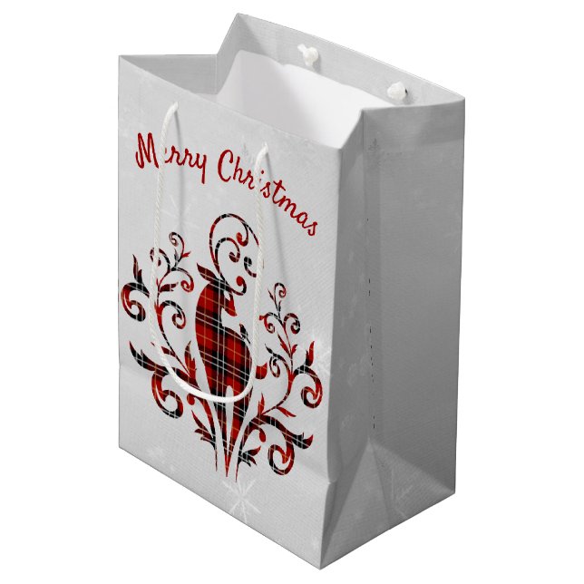 Tartan Plaid Deer On Snowflake Design Medium Gift Bag (Front Angled)