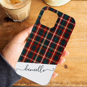 Tartan Plaid Elegant Script Blue Name iPhone 13 Pro Max Case