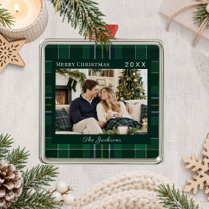 Tartan Plaid Green Photo Christmas Metal Tree Decoration