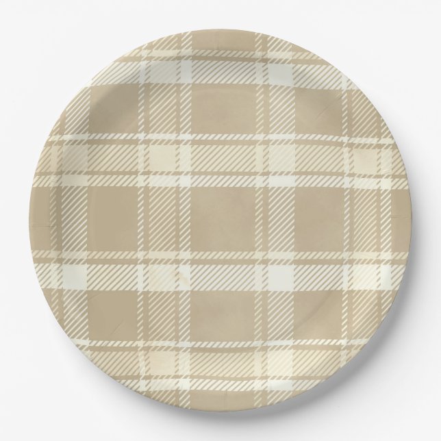 Tartan Plaid in Beige, Cream, and Pale Yellow Paper Plate (Front)