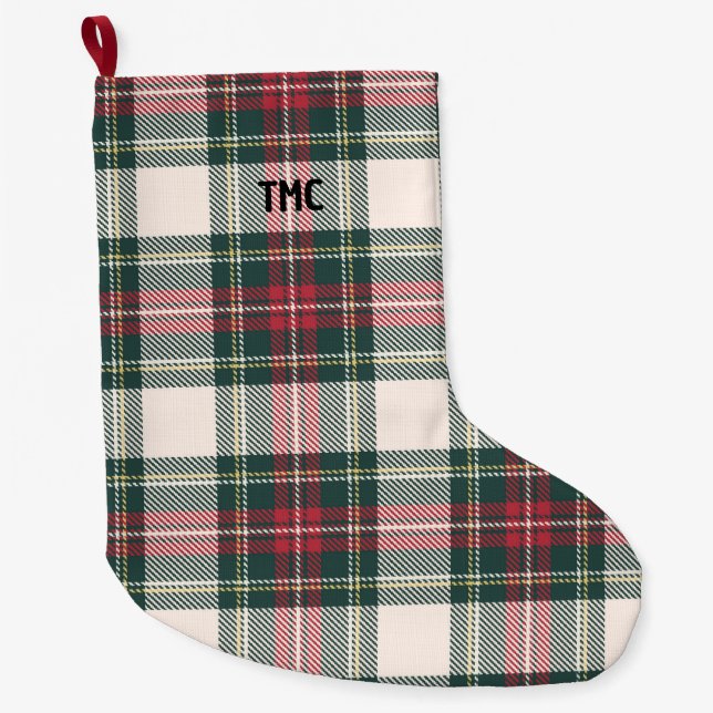 Tartan Plaid INITIALS Festive Holiday Classic Fun Large Christmas Stocking (Front)