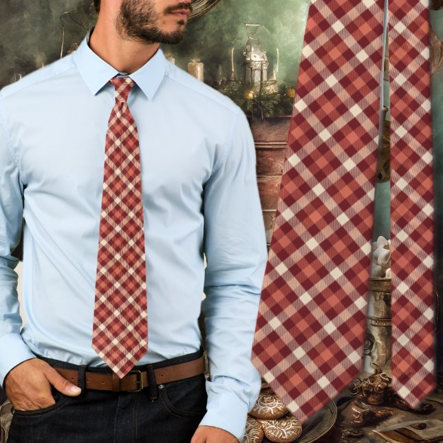 Tartan Plaid Maroon and Cream Design Tie (Creator Uploaded)