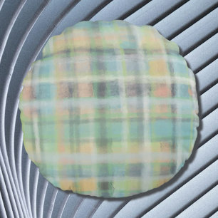 Tartan plaid modern pastel grey green blue yellow round cushion