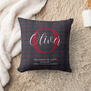 Tartan Plaid Monogram Birth Stats Newborn Baby Boy Cushion