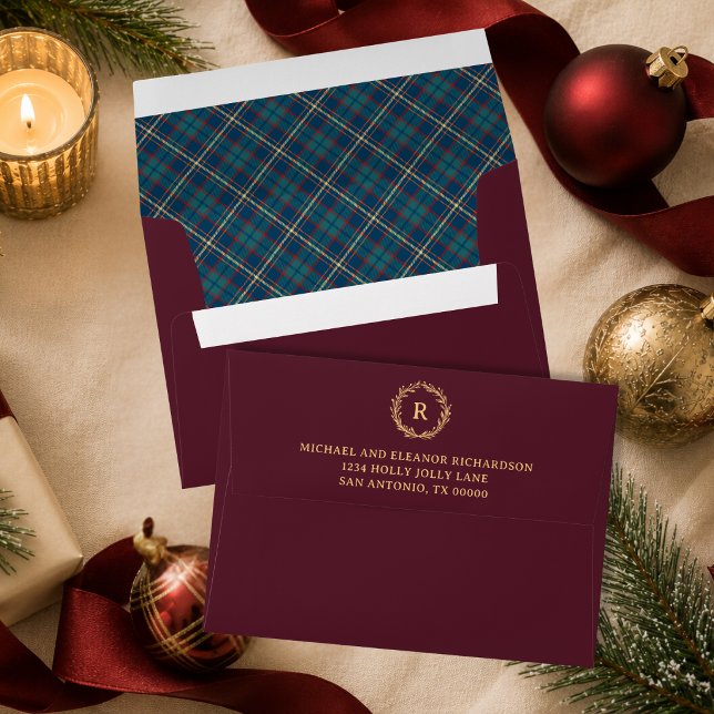 Tartan Plaid Monogram Wreath Burgundy Christmas Envelope (Creator Uploaded)
