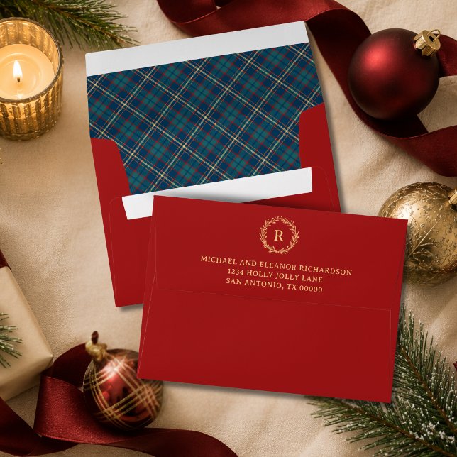 Tartan Plaid Monogram Wreath Red & Gold Christmas Envelope (Creator Uploaded)