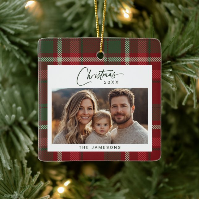 Tartan Plaid Photo Christmas Ceramic Ornament (Tree)