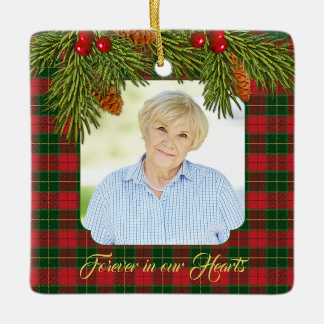 Tartan Plaid Pine Boughs Memorial Photo Christmas Ceramic Ornament (Front)
