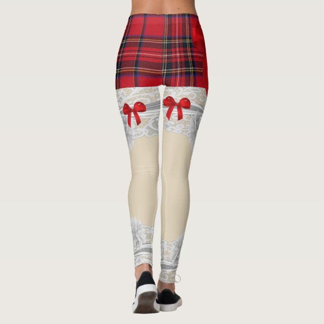 Tartan plaid red bow garter pattern leggings (Back)