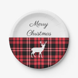 Tartan Plaid Red Christmas White Deer Paper Plate