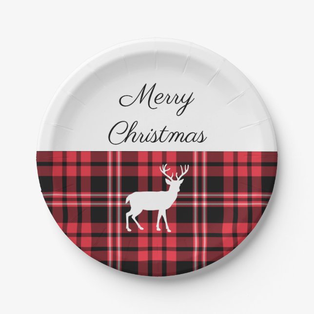 Tartan Plaid Red Christmas White Deer Paper Plate (Front)