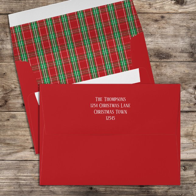 Tartan Plaid Red Rustic Country 5x7  Custom Envelope (Christmas holiday red and green plaid pattern envelope)