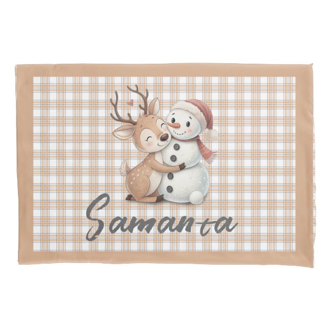 Tartan plaid reindeer snowman  beige white name pillowcase (Front)
