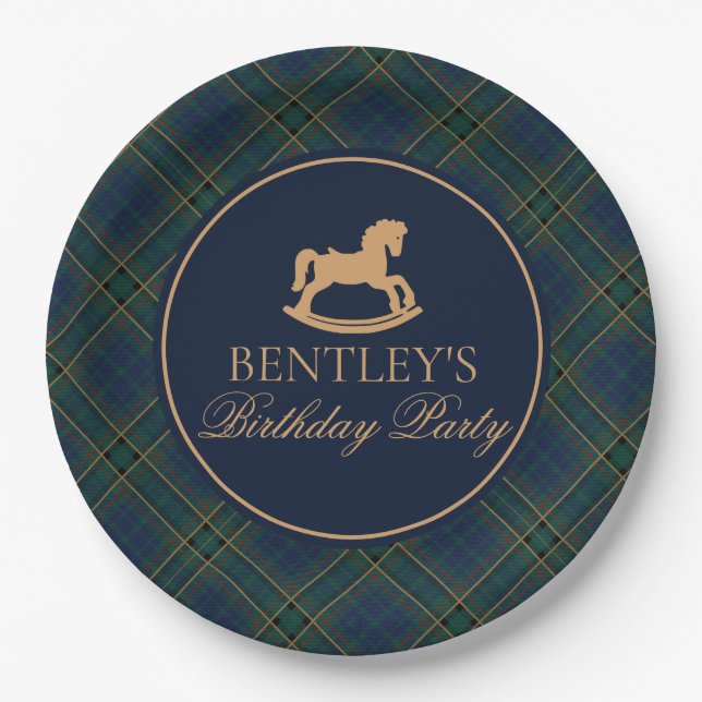 Tartan Plaid Rocking Horse Birthday Party Paper Plate (Front)