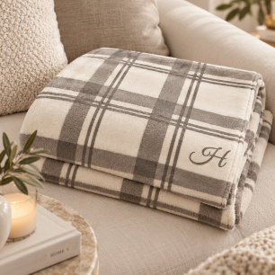 Tartan Plaid Taupe Cream Monogrammed Fleece Blanket