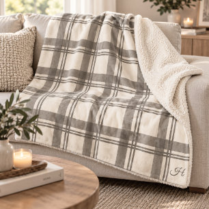 Tartan Plaid Taupe Cream Monogrammed Sherpa Blanket