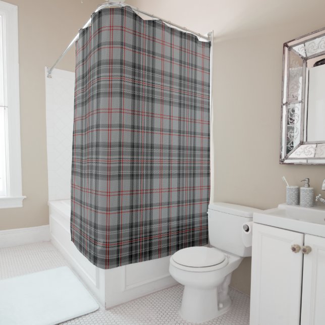 Tartan Plaid Taupe Grey Red & Black Large Pattern Shower Curtain (In Situ)