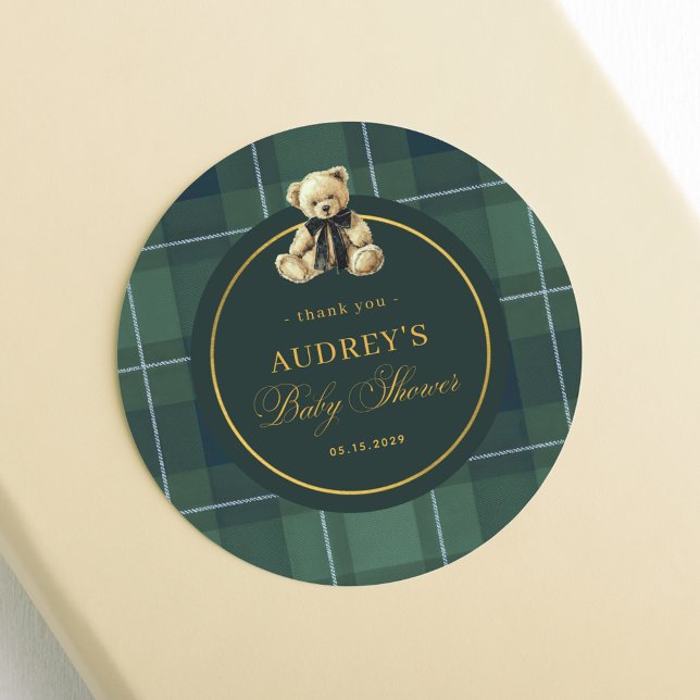 Tartan Polo Plaid Teddy Bear Baby Shower Thank You Classic Round Sticker (Creator Uploaded)