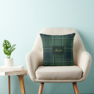 Tartan Polo Plaid Vintage Monogram Dark Green Cushion