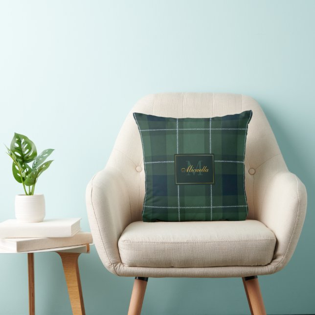 Tartan Polo Plaid Vintage Monogram Dark Green Cushion (Chair)