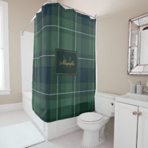 Tartan Polo Plaid Vintage Monogram Dark Green Shower Curtain
