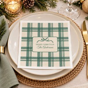 Tartan Sage Green Cream Plaid Bow Christmas Napkin