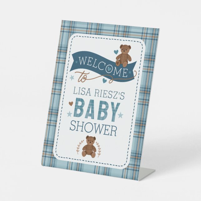 Tartan Teddy Bear Baby Shower Custom Pedestal Sign (Front)