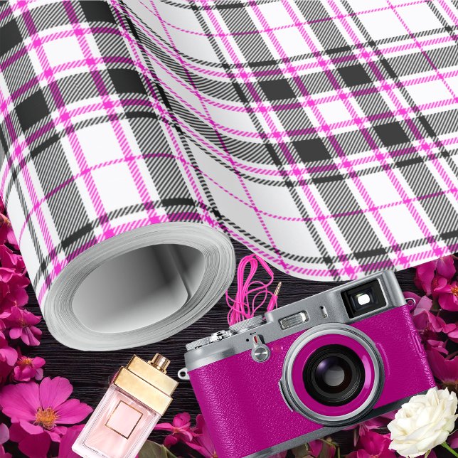 Tartan - White-Black-Hot Pink Wrapping Paper (Tartan - White-Black-Hot Pink Wrapping Paper by Leapfroglisics Shop)