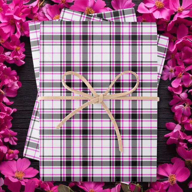 Tartan - White-Black-Hot Pink Wrapping Paper Sheet (Tartan - White-Black-Hot Pink Wrapping Paper Sheets by Leapfroglisics Shop)