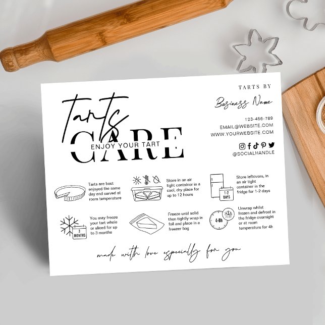 Tarts Care Instructions Minimalist Logo Bakery Thank You Card (Minimalist tarts care instructions card with icons, space for your business info and thank you note)
