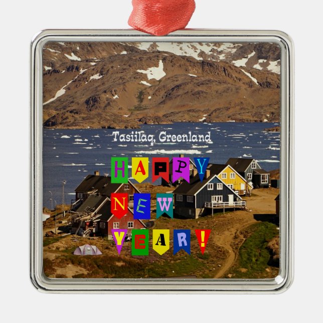Tasiilaq, Greenland - Happy New Year, Metal Tree Decoration (Front)