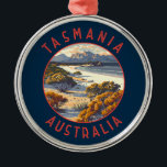 Tasmania Australia Retro Distressed Circle Metal Tree Decoration<br><div class="desc">Tasmania retro vector travel design. Tasmania is an island state of Australia,  located 240 kilometres south of the Australian mainland,  separated by the Bass Strait.</div>