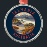 Tasmania Australia Retro Distressed Circle Metal Tree Decoration<br><div class="desc">Tasmania retro vector travel design. Tasmania is an island state of Australia,  located 240 kilometres south of the Australian mainland,  separated by the Bass Strait.</div>