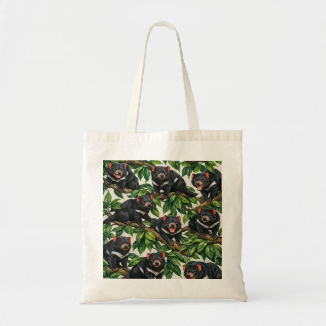 Tasmanian Devils in Lush Green Foliage Pattern Tote Bag (Front)