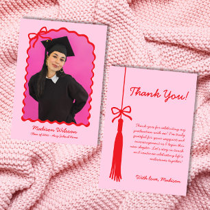 Tassel & Bow Pink & Red Grad Photo 2025 Graduation Thank You Card