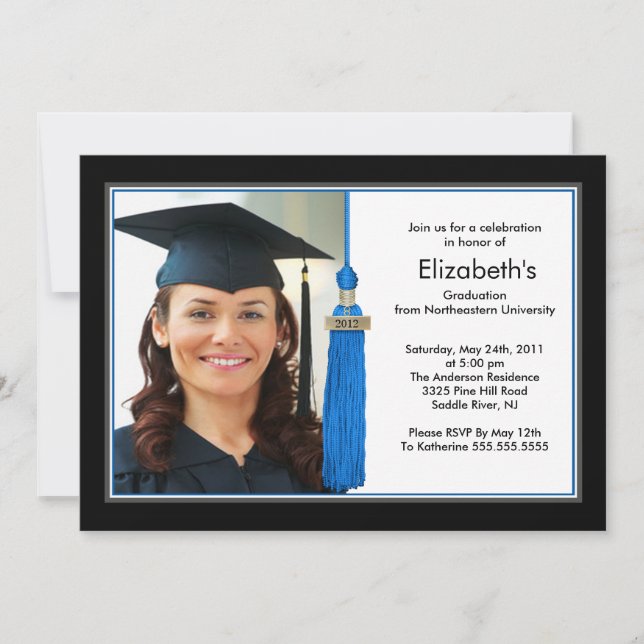 Tassel Photo Graduation Invitation Black & Blue (Front)