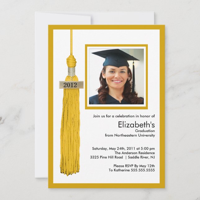 Tassel Photo Graduation Invitation Gold & White (Front)