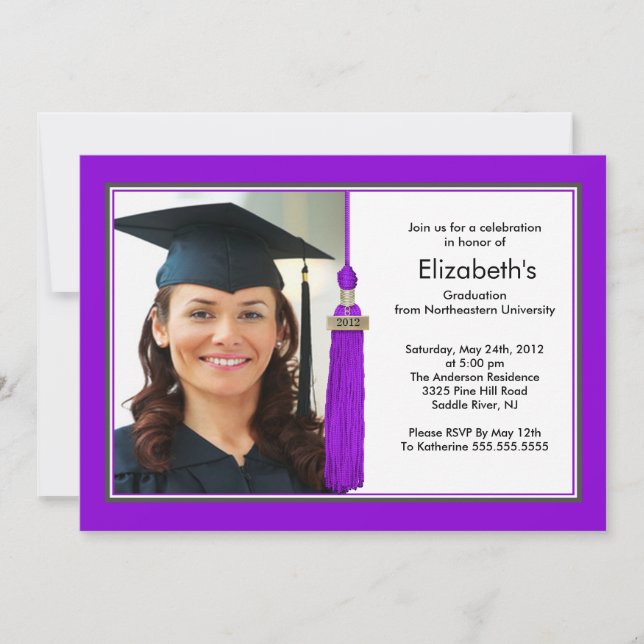 Tassel Photo Graduation Invitation Purple & White (Front)