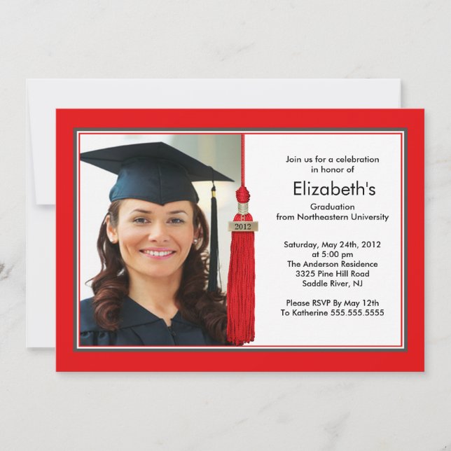 Tassel Photo Graduation Invitation Red & White (Front)